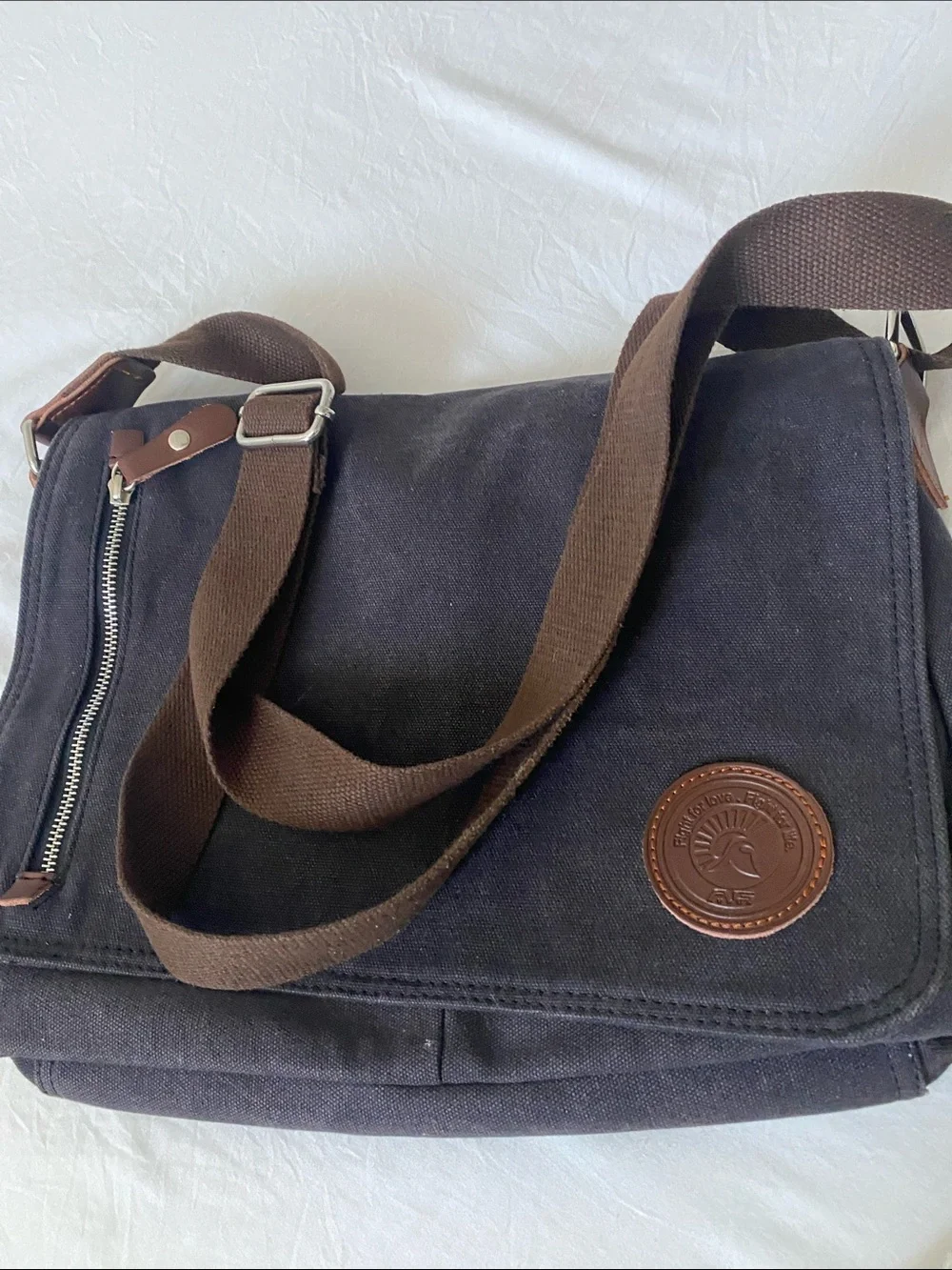 Black Canvas Messenger Bag with Brown Trim - Unbranded